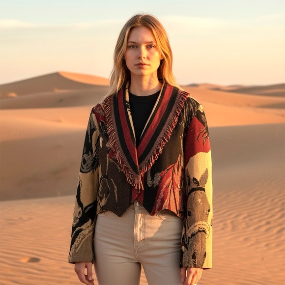 VINTAGE Cropped Horse Print Fringed Throw Blanket Western Jacket - Picture 2 of 14